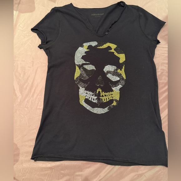 NWOT Zadig & Voltaire Black Tunisien Camo Rhinestone Skull Tee Size L - Picture 3 of 6